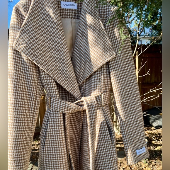 Calvin Klein Wool Shawl Coat women houndstooth M belted plaid khaki cream trench - Picture 6 of 13